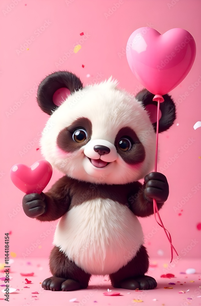 A cute panda bear is joyfully holding a vibrant pink heart shaped balloon