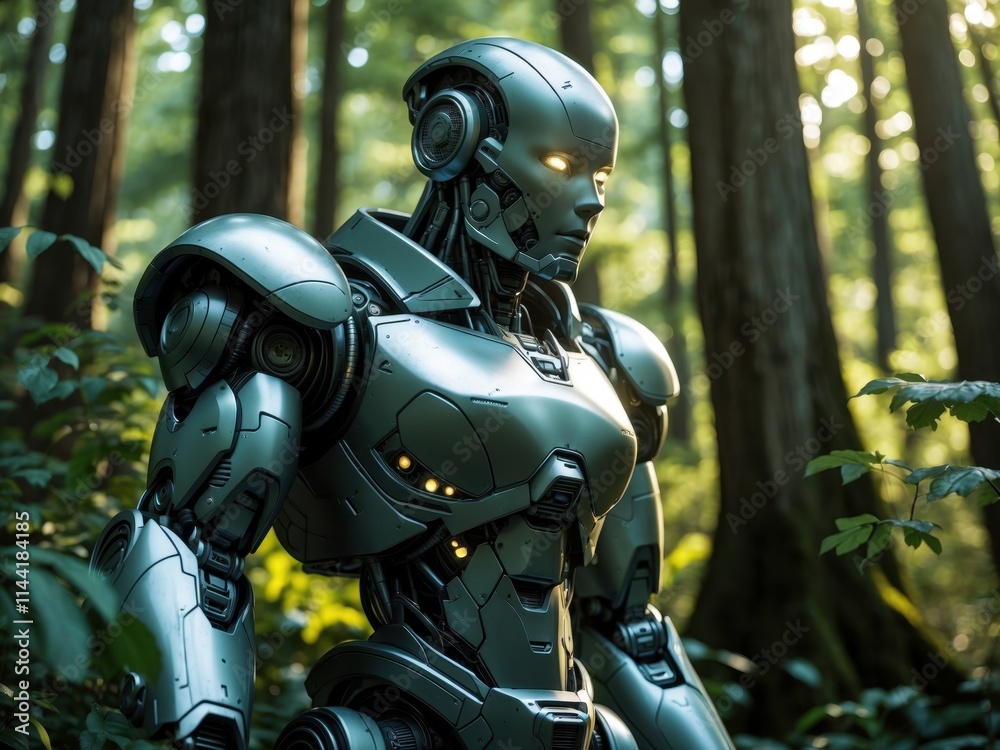 Robot explorer standing among tall trees in a sunlit forest showcasing advanced technology and nature's beauty Robot explorer standing among tall trees in a sunlit forest showcasing advanced technology and nature's beauty