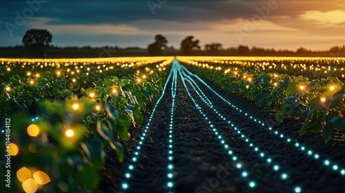 Smart farm night digital grid overlay enhancing crop rows showing how advanced tech like IoT devices sensors enables farmers to monitor optimize crop growth 24/7 better yields photo