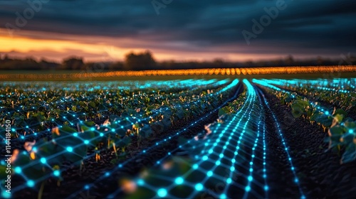 Smart farm night digital grid overlay enhancing crop rows showing how advanced tech like IoT devices sensors enables farmers to monitor optimize crop growth 24/7 better yields