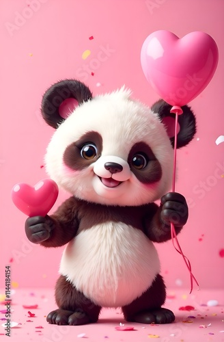 Obraz na płótnie A cute panda bear is joyfully holding a vibrant pink heart shaped balloon w salonie