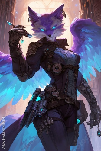 Confident foxhuman hybrid stands confidently adorned armor jewelry holding weapon tool wings spread wide set against backdrop grand doorway leading warm bookfilled room photo