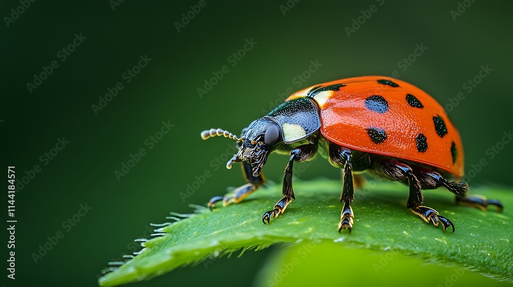 Fototapeta premium Close-up of a ladybug on a green leaf.
