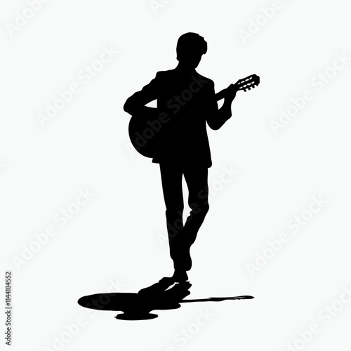 Silhouette of a person playing guitar, standing with a slight lean. Black figure on light background.Music concept, silhouette, guitar player, performance, black figure, contrast, artistic expression,