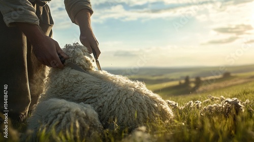 Farmer shearing sheep's wool with knife at sunset. photo