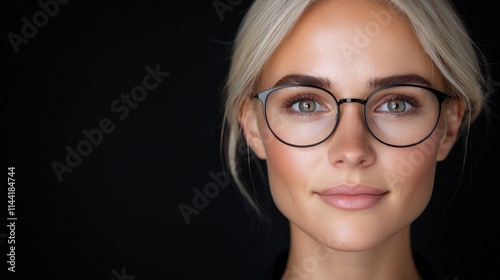 Close-up portrait of a blonde woman wearing glasses against a black background.