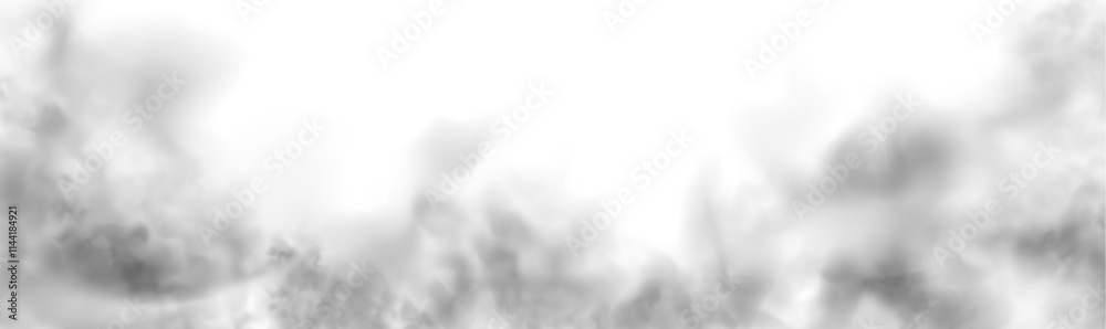 Grey smoke puff, white background and studio with no people with fog in the air. For used on light backgrounds. Transparency only in vector PNG format.	