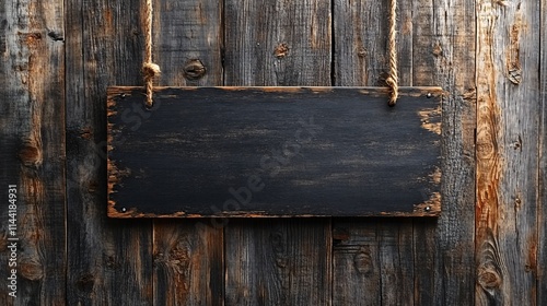 A blank black sign hanging on a rustic wooden background, ideal for adding text or logos in a warm, earthy ambiance. photo