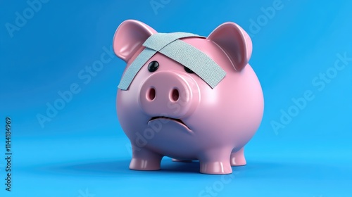 Obraz na płótnie Sad broken piggy bank with adhesive bandage isolated on a blue background with copy space – economy, finance, savings, crisis, problem, bankruptcy, expense, debt, frugality, loss, recovery concept w salonie