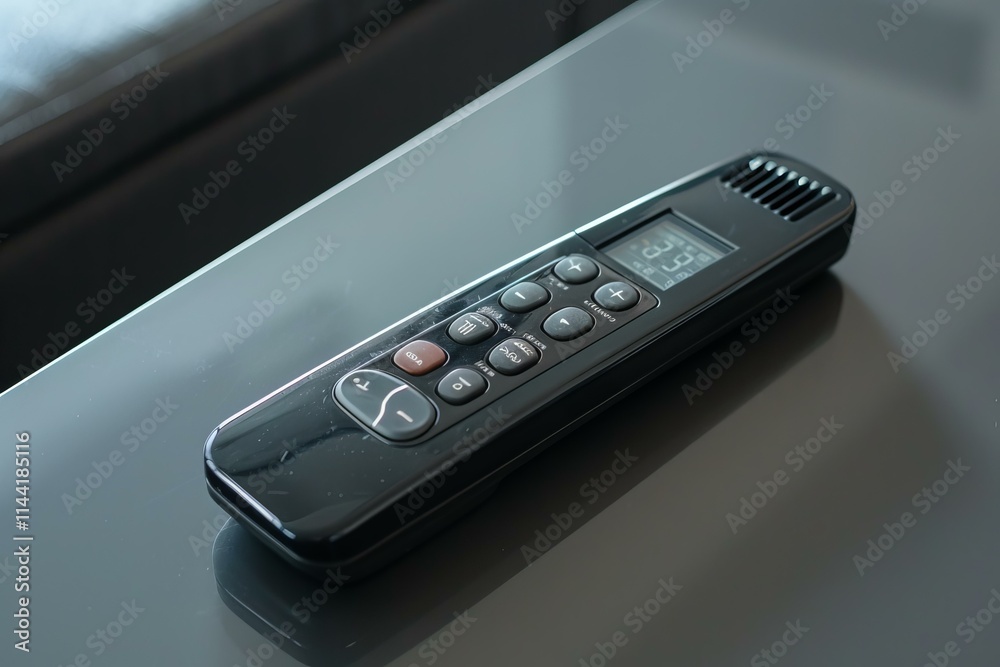 Remote control is lying on a glass table, controlling the temperature of a room Remote control is lying on a glass table, controlling the temperature of a room