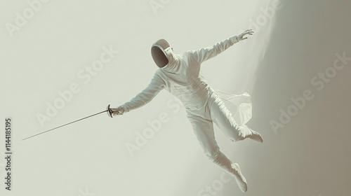Fencer in white mid-air lunge.