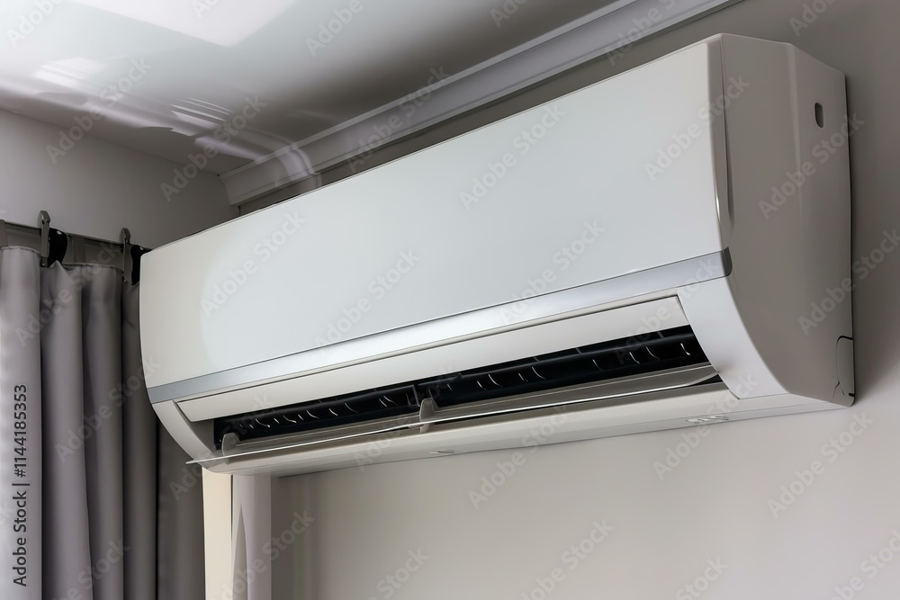 Newly installed air conditioner is cooling a room, providing comfort during the summer heat Newly installed air conditioner is cooling a room, providing comfort during the summer heat