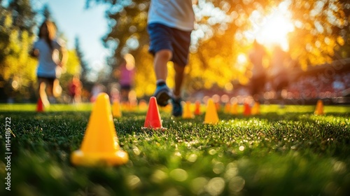 Children joyfully run an obstacle course in a sunny park, navigating colorful cones.