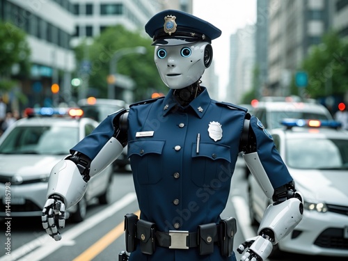 Innovative policing with a robot officer directing traffic in a bustling city environment during daytime