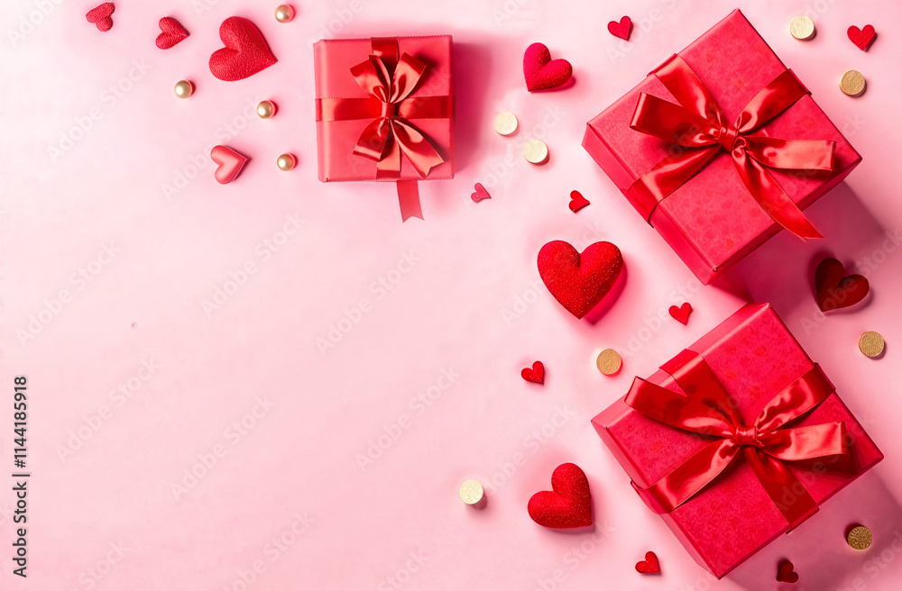 Bright pink background with heart-shaped decorations and gift boxes perfect for Valentine's Day. Background with place for text Bright pink background with heart-shaped decorations and gift boxes perfect for Valentine's Day. Background with place for text