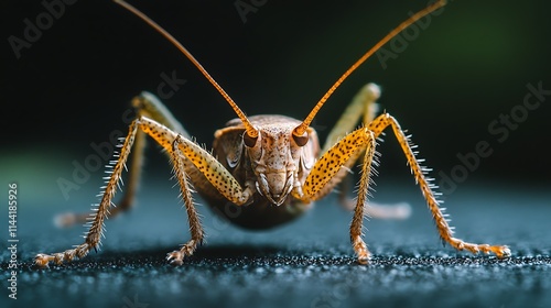 Close-up of a katydid insect, facing forward, with detailed texture and color.