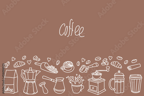 Coffee set. Coffee drinks, brewing accessories, etc. Line icons in doodle style on 2025 Mocha Mousse color background. Vector