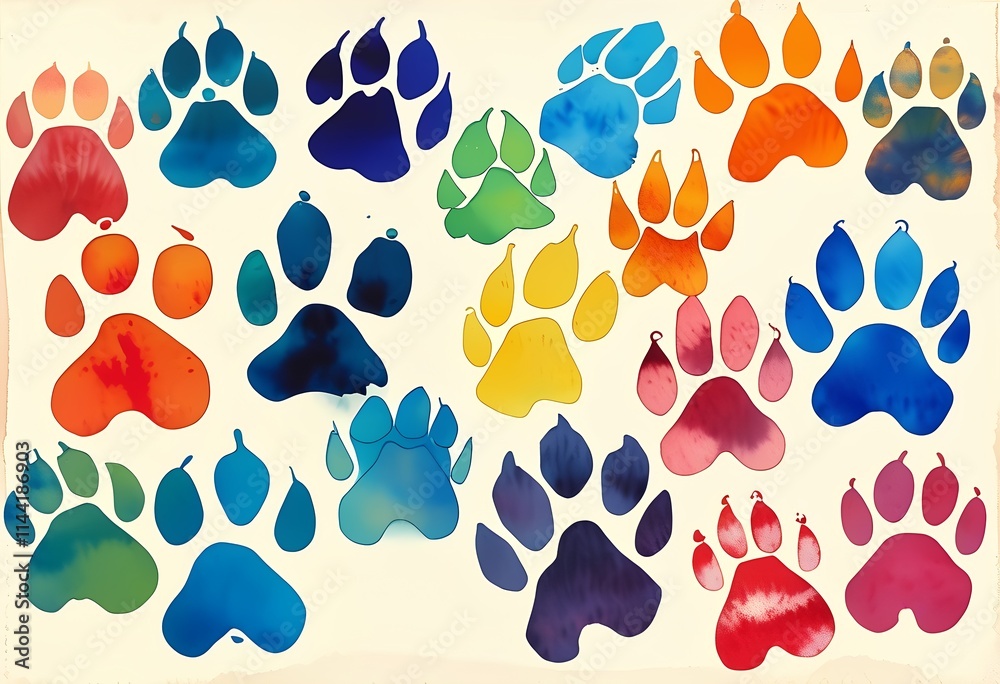 Fototapeta premium Colorful paw prints arranged in a vibrant and playful pattern on a light background