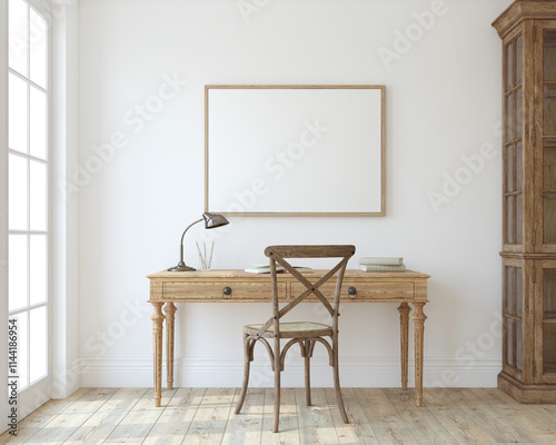 Romantic interior of home office. Poster mockup. 3d render.