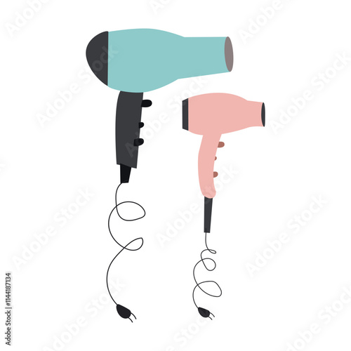 Vector set of multi-colored hair dryers