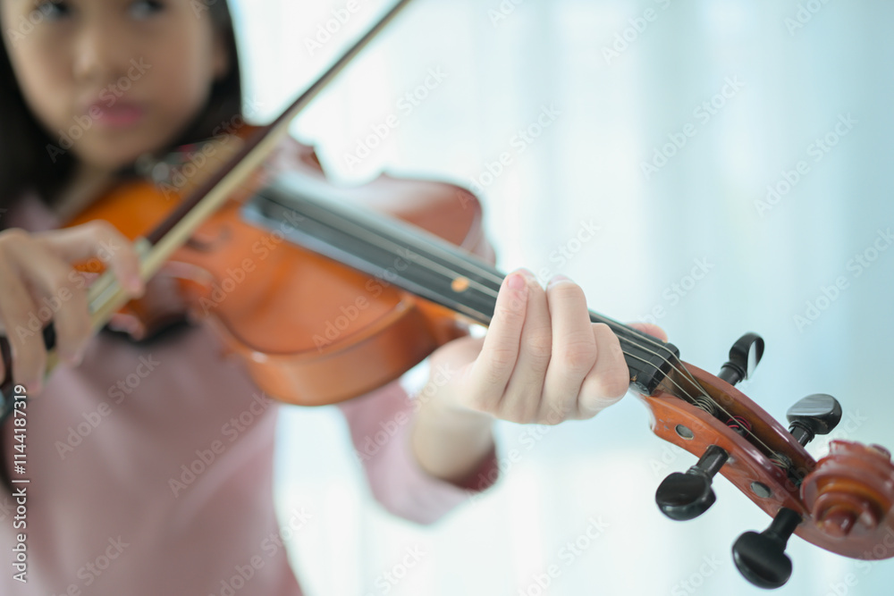 A girl violinist plays and practices the violin at home A girl violinist plays and practices the violin at home