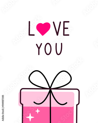 greeting card simple and cute design pink color with letters love you, gift box vector illutration for Valentine's Day cards, wrapping paper or digital backgrounds.
