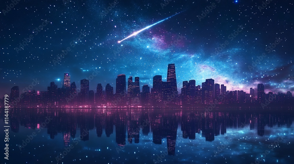 Night cityscape with meteor shower reflection. Night cityscape with meteor shower reflection.