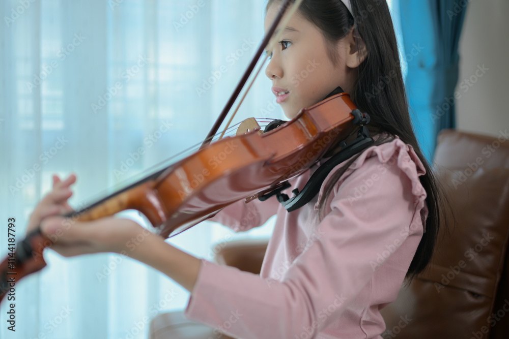 A girl violinist plays and practices the violin at home A girl violinist plays and practices the violin at home