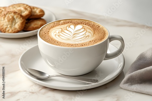 coffee cup with latte art served on a saucer, spoon, and cookies on a marble table