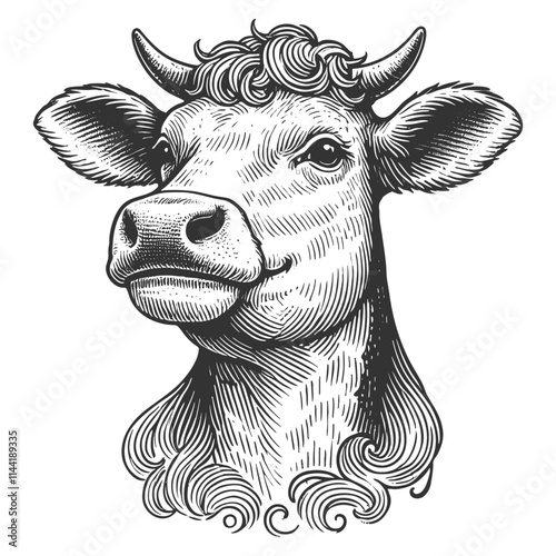 dairy cow with horns, spots, and a bell around its neck, symbolizing farm life and agriculture sketch engraving generative ai vector illustration. Scratch board imitation. Black and white image.