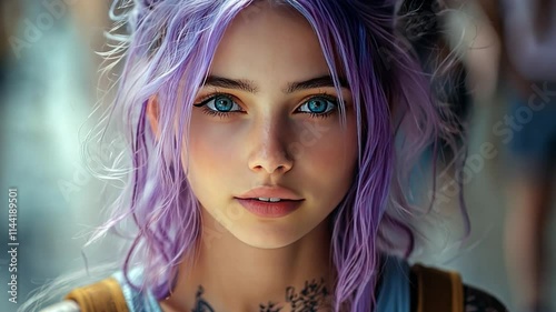 Purple Hair and Blue Eyes: A captivating portrait of a young woman with striking purple hair and piercing blue eyes, radiating beauty and confidence.  
