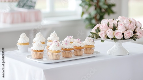 Cupcakes and roses on a table.