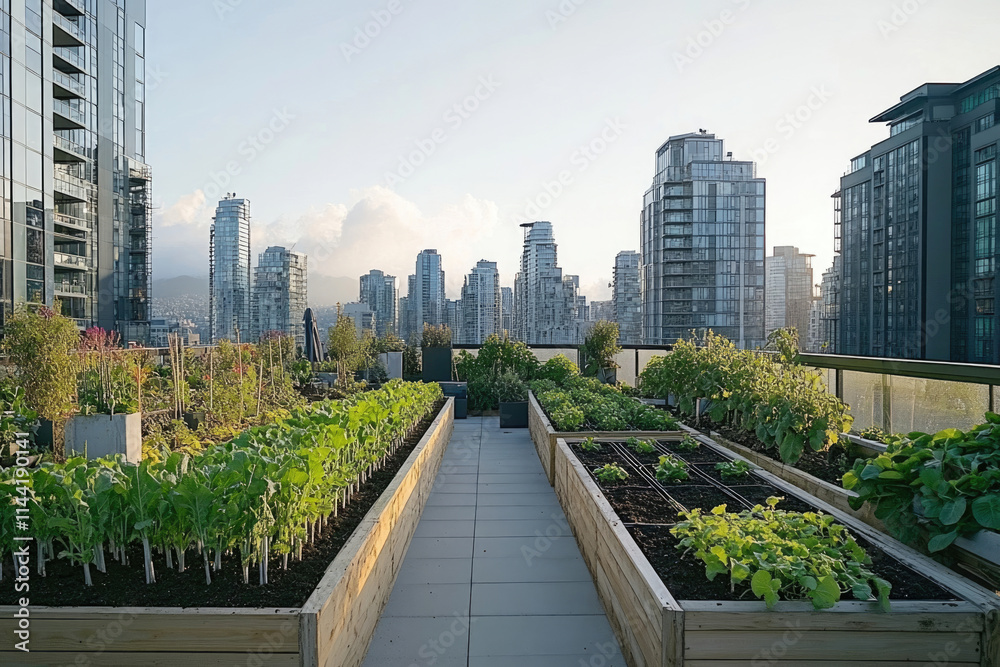 Fototapeta premium Urban rooftop garden thriving amidst skyscrapers, showcasing sustainable city living.