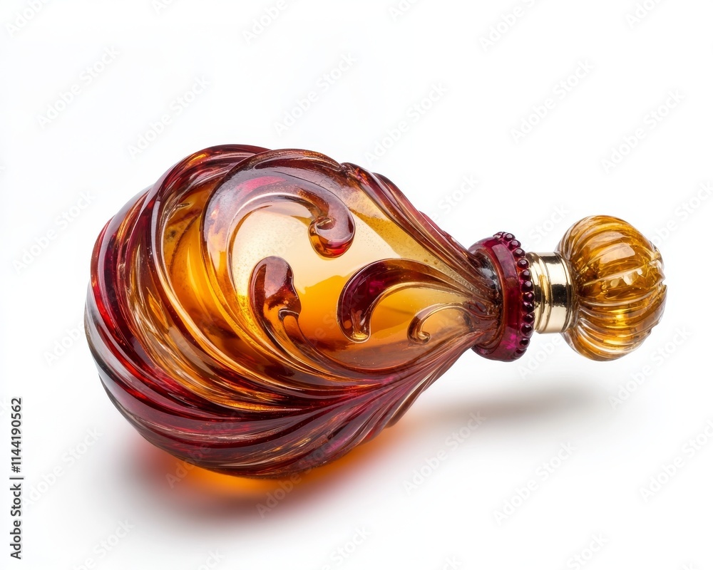 A beautifully crafted glass bottle shaped in elegant curves, showcasing a rich amber liquid inside, perfect for decorative or thematic settings. A beautifully crafted glass bottle shaped in elegant curves, showcasing a rich amber liquid inside, perfect for decorative or thematic settings.