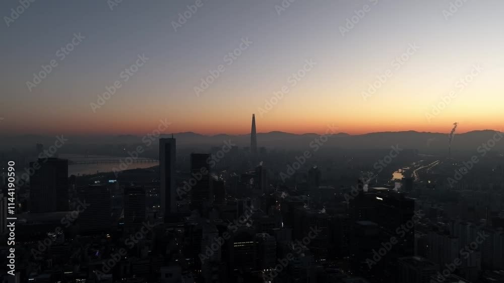 Aerial View of Seoul city in Sunrise of South Korea, Gangnam financial district, Winter Aerial View of Seoul city in Sunrise of South Korea, Gangnam financial district, Winter