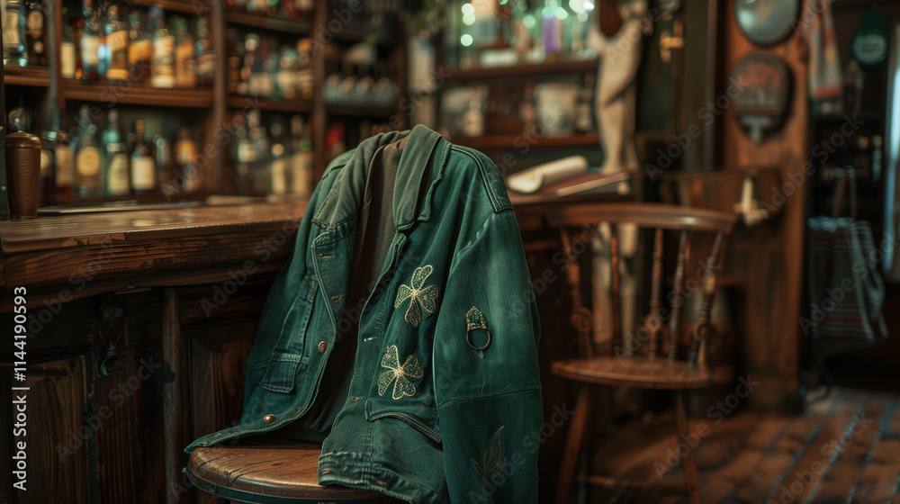 Obraz premium Green jacket with shamrock decor in traditional Irish pub