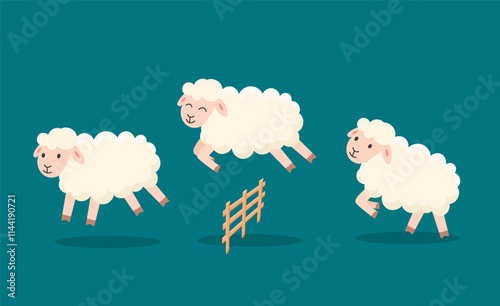 Counting sheep to fall asleep vector illustration. Cute cartoon sheep jumping over fence. Good night sleep metaphor
