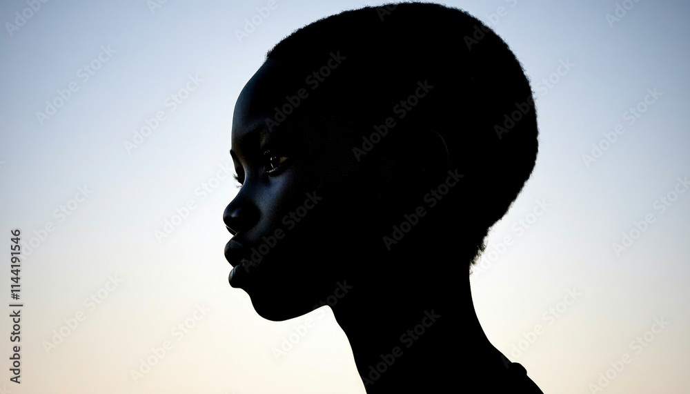 Silhouette of a young African child's profile against a twilight sky. Silhouette of a young African child's profile against a twilight sky.