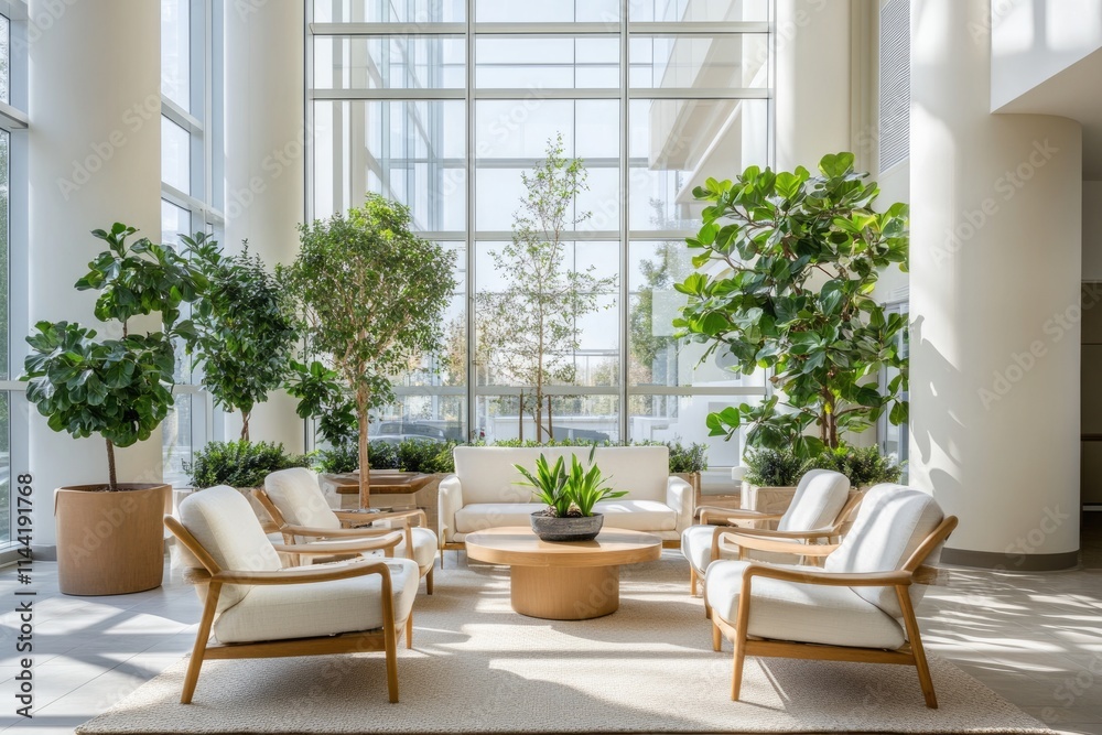 Fototapeta premium Modern, bright lobby with white armchairs, wooden coffee table, and lush potted plants near large windows.