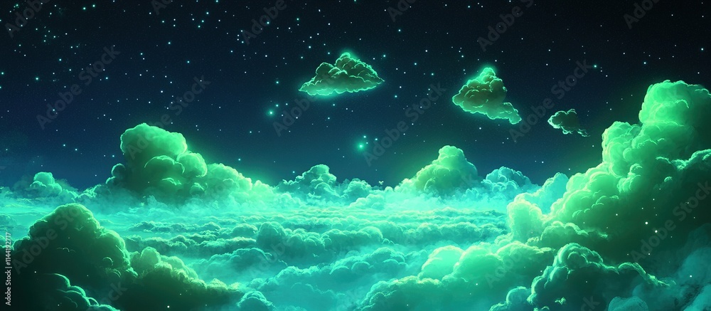 Fototapeta premium Glowing green clouds at night with stars.