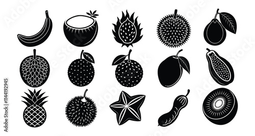 Tropical fruits silhouette on white background