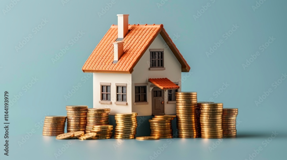 Miniature house model sits on stacks of gold coins, representing homeownership costs or real estate investment. Miniature house model sits on stacks of gold coins, representing homeownership costs or real estate investment.