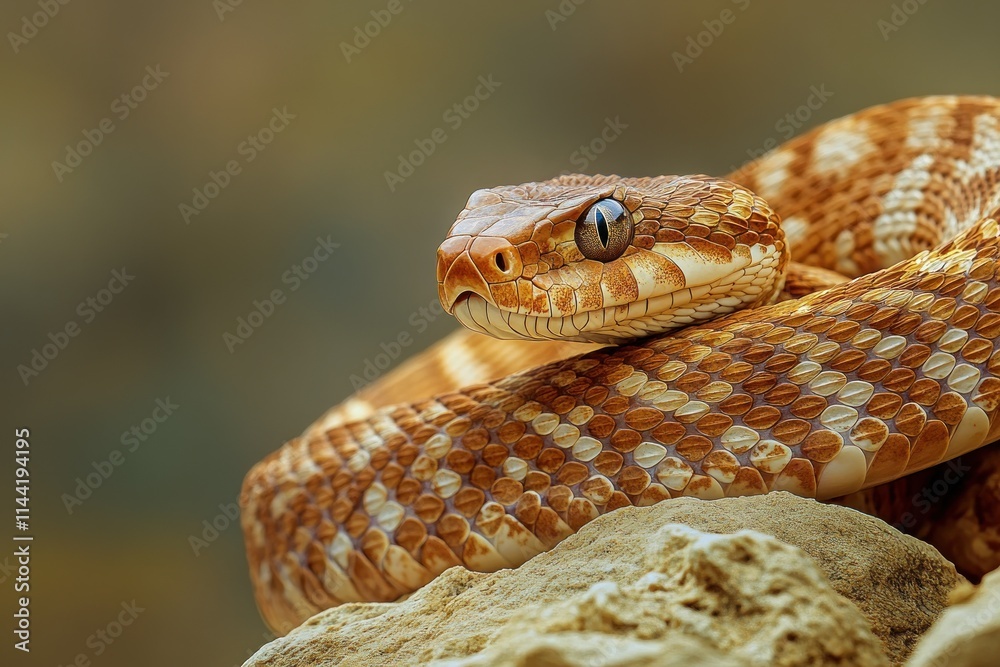 Close up of a light orange coiled snake.