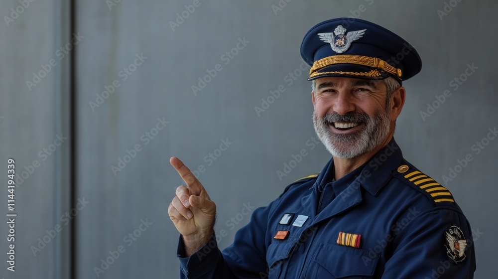 Smiling pilot points finger, gray wall background. Smiling pilot points finger, gray wall background.