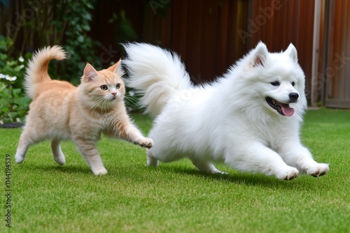 Playful cat and dog running in a lush garden outdoor action scene joyful pets