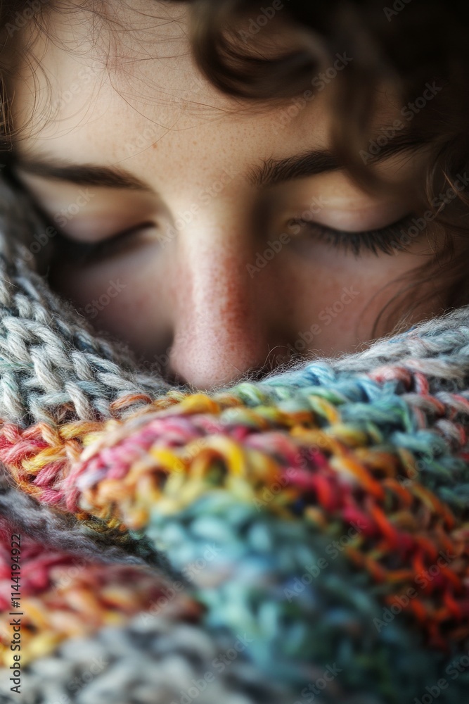 A close-up view of a person wrapped in a colorful knitted scarf, eyes closed in relaxation, showcasing comfort and tranquility in a cozy setting. A close-up view of a person wrapped in a colorful knitted scarf, eyes closed in relaxation, showcasing comfort and tranquility in a cozy setting.