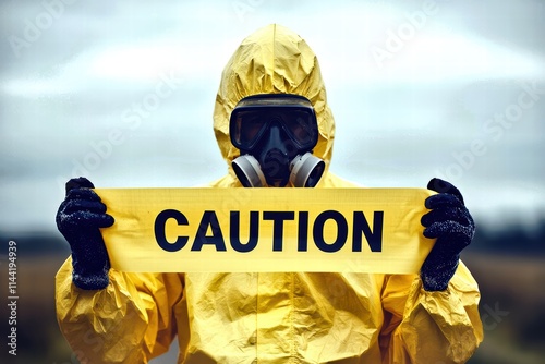 Male in a yellow hazmat suit holds a caution sign, emphasizing safety precautions. photo