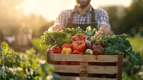 Man holds a wooden crate full of fresh vegetables outdoors at sunset.