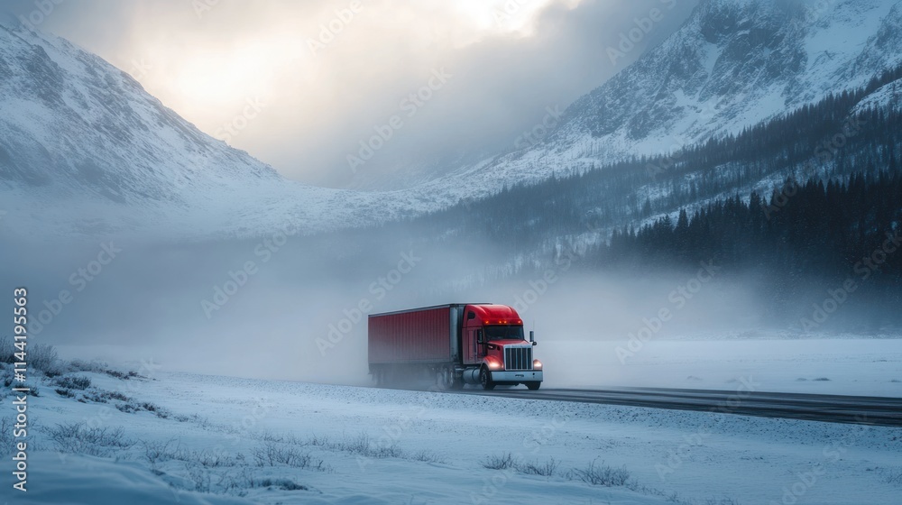 Red truck driving on snow road between mountains. Red truck driving on snow road between mountains.