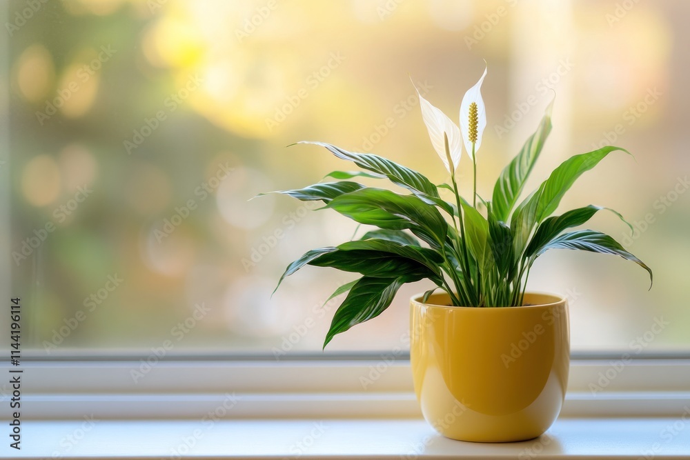 Potted peace lily plant on window, sunlight. Potted peace lily plant on window, sunlight.